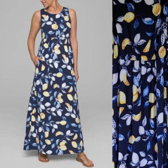 Soma Womens Navy Lemon Print Sleeveless Knit Maxi Dress With Side Pockets  L - Picture 10 of 14